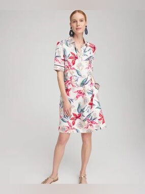 Chico’s Linen Floral Popover Shirt Dress Size 10 US Resort Wear Coastal Beach